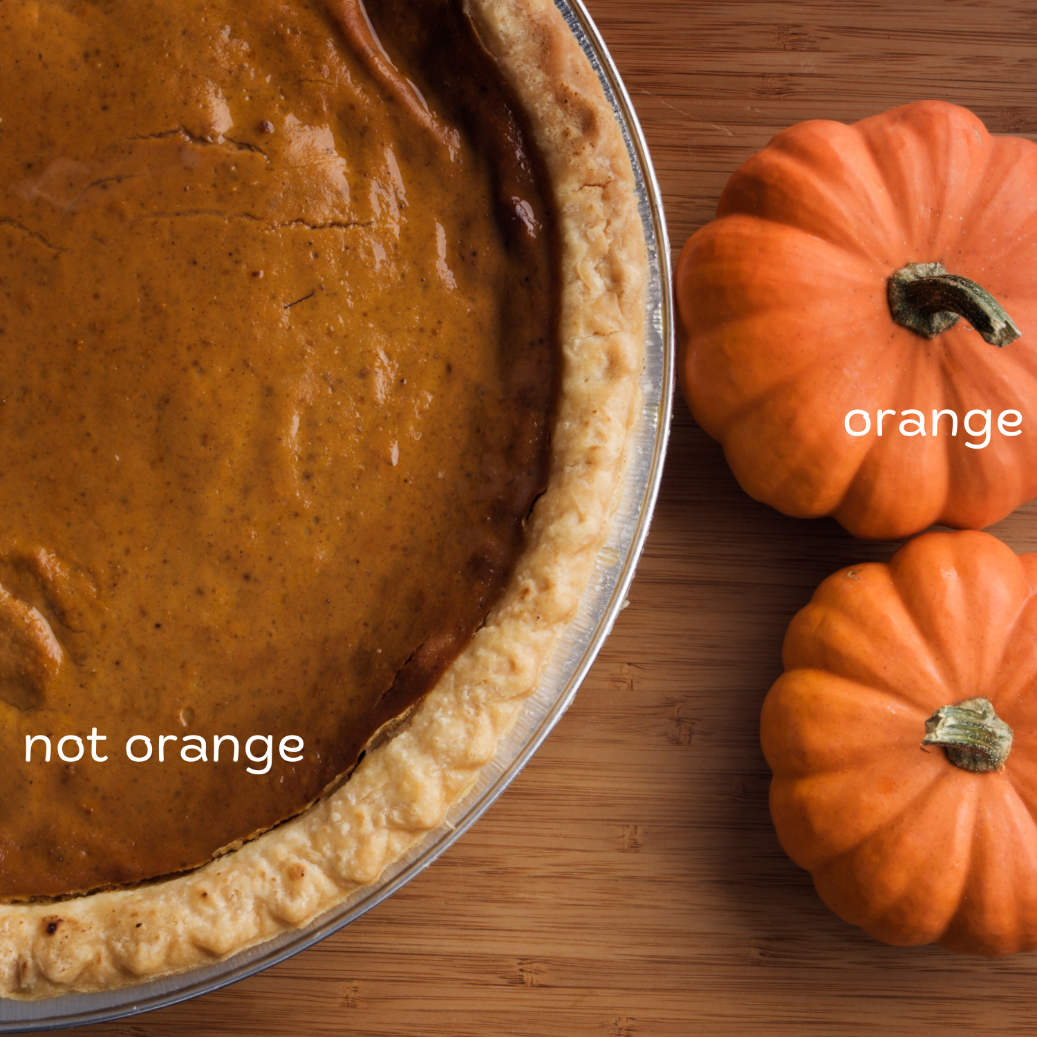 pumpkin pie and two mini pumpkins. One of the pumpkins has text reading "orange" overlaid on it, and the pie has text reading "not orange" overlaid on it