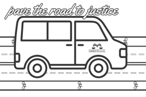 black and white outline drawing of a van on a road with bike lanes and a heading reading "pave the road to justice"