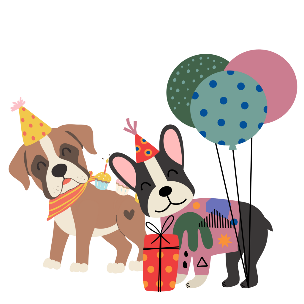 Two cartoon dogs wearing party hats, with a present and three balloons