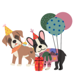 Two cartoon dogs wearing party hats