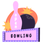 purple bowling pin with the word "open" written vertically in front of a black bowling ball and orange background with yellow stars